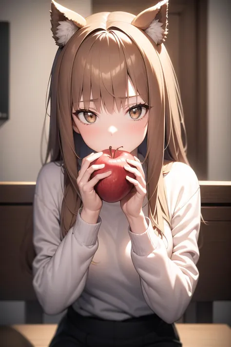 masterpiece, best quality, holo, 1girl, sweater, eating apple <lora:Holo_841507:1>