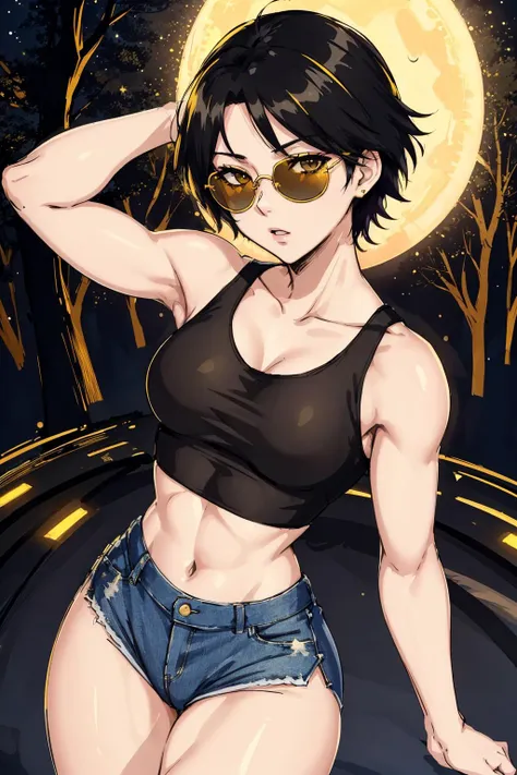 tomboy,  <lora:fitnessBabes-fC-v1.0a:1>,, anime absurdres illustration, drawing, (lineart:0.6), from_above, crop top, detailed face, yellow bodycon tank top, black hair, park, sky, trees, pale skin, moonlight, stars, 1girl, statement sunglasses, woman,petite, vivid colors, bokeh background, subject for emphasis,dramatic colors,