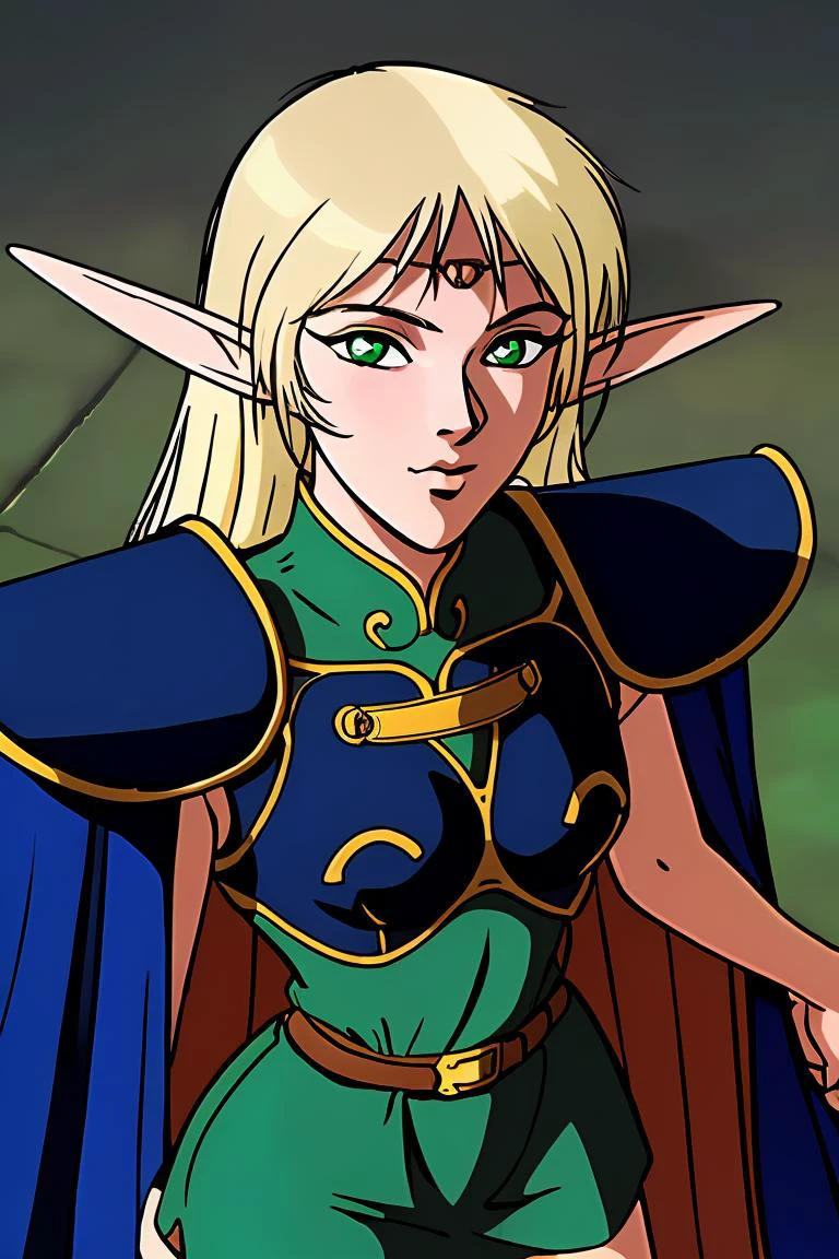 Deedlit, elf, 1girl, blonde hair, long hair, green eyes,1990s (style), shoulder armor, blue cape, short dress, belt, sleeveless, cinematic, from above, highly detailed, 8k, close-up portrait,
<lora:Deedlit001:0.8>