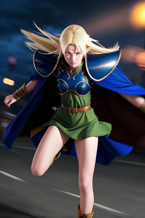 cinematic, anime, Deedlit, elf, 1girl, blonde hair, long hair, green eyes,1990s (style), shoulder armor, moving blue cape, short dress, belt, sleeveless, action scene, jumping,  highly detailed, 8k, masterpiece, dramatic light, dark, in motion, motion blur,
 <lora:Deedlit001:0.7>