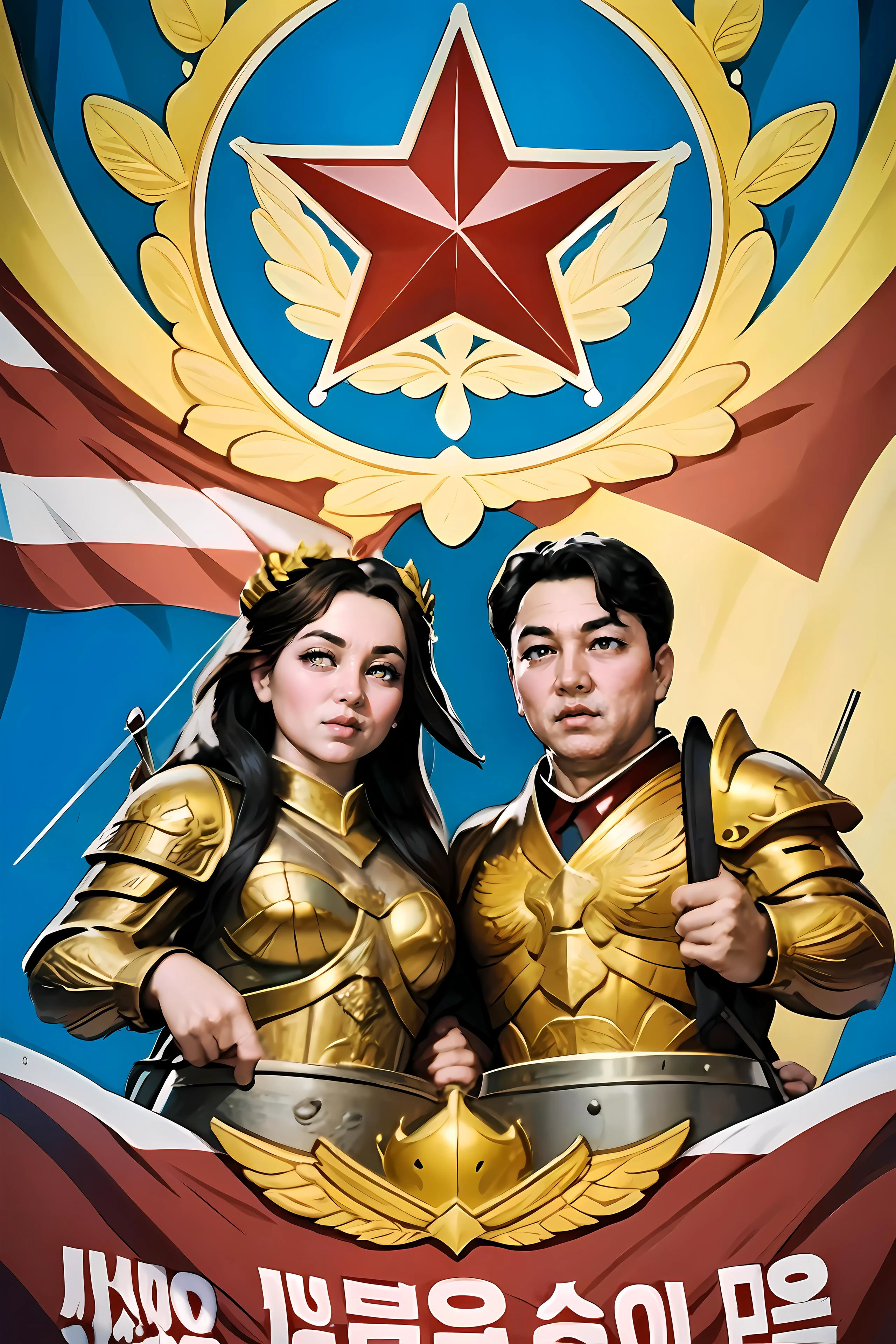 (AS-YoungerV2:1.3), vibrant painterly dprk propaganda of the god empress <lora:Female_God_Emperor2:0.6> , <lora:DPRKPropaganda:0.9>, tanks, dprk flag, juche tower, in pyongyang, long hair, black hair, brown eyes, glowing eyes, laurel crown, gold armor, breastplate, gorget, pauldrons, god halo, parted bangs, remarkably detailed pupils