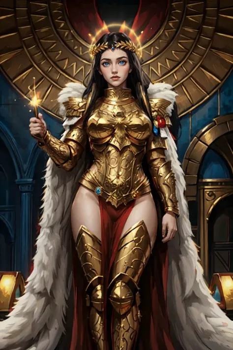(masterpiece, best quality, ultra detailed, photorealistic, detailed attractive face, perfect face), (bewitching priestess, (white hair), amber eyes, very long hair, (dark skin:1.5)), ((regal silk robes, red colored robes, sexy dress)), (skimpy robes:1.2), (tanned skin, (huge breasts:1.1), slim waist, wide hips), (sandstone egyptian temple, ancient egyptian temple with hieroglyphics and hypostyle hall), detailed eyeshadow, perfect body, (hourglass body:1.4), (shiny skin:1.1), beautiful detailed eyes, (detailed skin:1.4), ((studio controled lighting)), (pinup pose), ((looking at viewer, fcing front)), (solo:1.5), ultra realistic, (best shadow), (depth_of_field), (in desert temple), RAW photo, (dimly lit interior), sharp focuull body), (photograph, photo, photogenic, rule of thirds),
