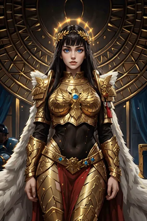 god empress, large breasts, long hair, black hair, blue eyes, (glowing eyes:1.2), standing, gold armor, laurel crown, pauldrons, god halo, bangs, proud, intimidating, gold throne room, <lora:Female_God_Emperor1:0.7>
