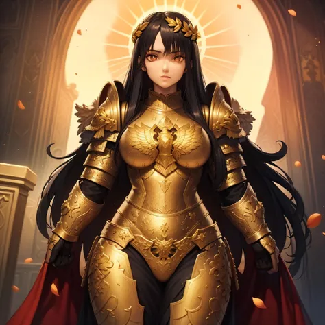 ((masterpiece, best quality)),solo, 1girl, god empress, cowboy shot, long hair, black hair, brown eyes, glowing eyes, gold armor, laurel crown, breastplate, gorget, pauldrons ,halo, <lora:Female_God_Emperor1-v2:0.6>, petals, oversized pauldrons,
