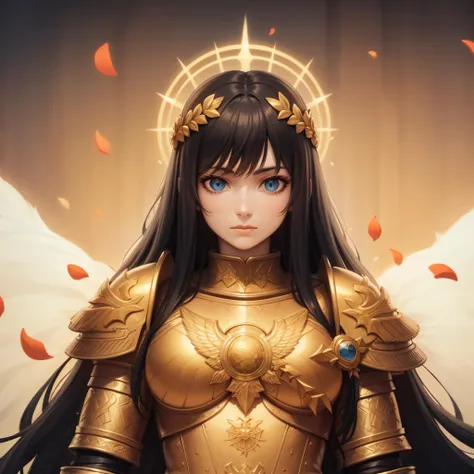 ((masterpiece, best quality)),solo, 1girl, god empress,  long hair, black hair,  glowing eyes, gold armor, laurel crown,  <lora:Female_God_Emperor1:0.6>, breastplate, gorget, pauldrons,  petals, blue sky,strong, sharp face, simple background, standing, god halo, empty background,