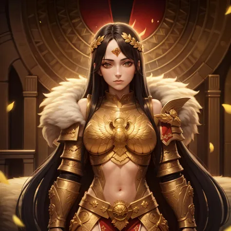 ((masterpiece, best quality)),solo, 1girl, god empress, long hair, black hair, brown eyes, glowing eyes, gold armor, laurel crown, <lora:Female_God_Emperor1:0.6>, breastplate, gorget, pauldrons, flower field, petals, sitting,
