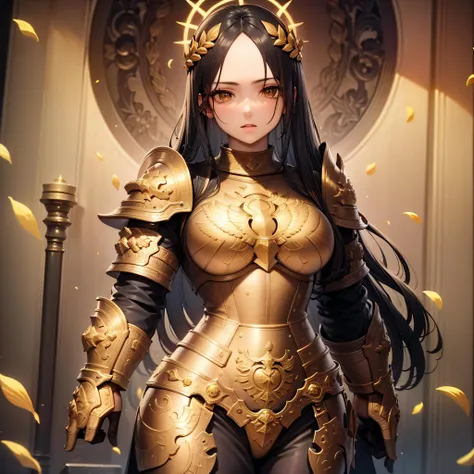 Mature Girl with long black hair with silver highlight, dark onyx eyes,tall rectangular body figure, black and gold fantasy armor