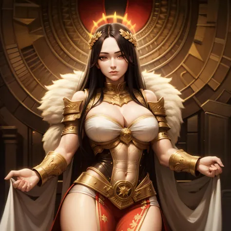((masterpiece, best quality)),solo, 1girl, god empress, long hair, large breasts, black hair, brown eyes, glowing eyes, muscular, laurel crown, <lora:Female_God_Emperor1:0.6>