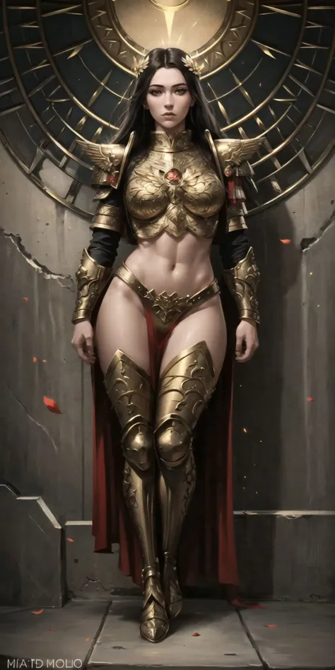 solo, 1girl, god empress,  long hair, black hair,  brown eyes, glowing eyes, gold armor, laurel crown, breastplate, gorget, pauldrons, flower field, petals, sitting,
(long legs:1.4), midriff, striding towards viewer,
(masterpiece:1.5), (best quality:1.2), (intricate details:1.2), (ultra detailed),(realistic:1.5), Detailed Illustration, (photorealistic:1.5), (hyper realistic:1.4), (8k, 4k, intricate), (full body shot:1.4), (highly detailed:1.2), (detailed face:1.2), (detailed eyes:1.2), (detailed background), (front hot:1.2), (dynamic pose:1.4), nsfw, 
  CR1.2,  <lora:Female_God_Emperor1:0.6>,  fcPortrait