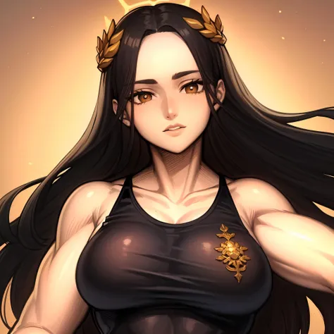 ((masterpiece, best quality)),solo, 1girl, cowboy shot, god empress, long hair, black hair, brown eyes, laurel crown,halo, parted bangs, forehead, one-piece swimsuit, <lora:Female_God_Emperor2:0.6>, petals, muscular,