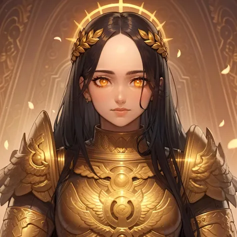 ((masterpiece, best quality)),solo, 1girl, portrait, god empress, long hair, black hair, brown eyes, glowing eyes, gold armor, laurel crown, breastplate, gorget, giant pauldrons ,halo, <lora:Female_God_Emperor1-v2:0.8>, petals, simple background, forehead, parted bangs,