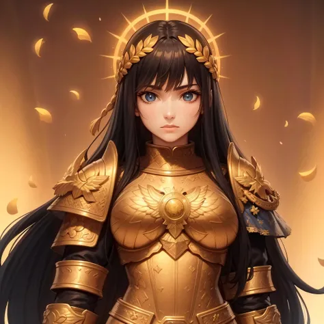 ((masterpiece, best quality)),solo, 1girl, god empress, long hair, black hair, brown eyes, glowing eyes, gold armor, laurel crown, <lora:Female_God_Emperor1:0.6>, breastplate, gorget, pauldrons, petals, blue sky,strong, sharp face, simple background, standing, god halo, empty background,