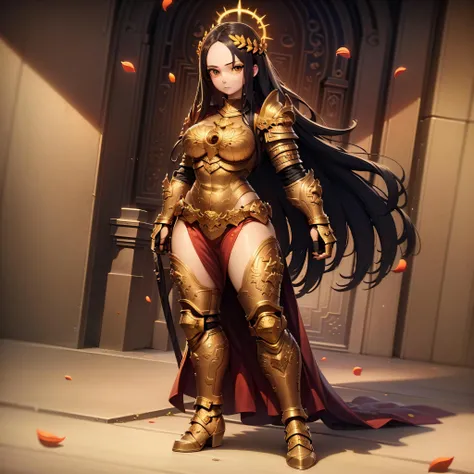 ((masterpiece, best quality)),solo, 1girl, full body,  god empress,   long hair, black hair,  brown eyes, gold armor, laurel crown,  breastplate, armor gorget, giant pauldrons ,halo, parted bangs, forehead,  <lora:Female_God_Emperor2:0.8>, petals,
