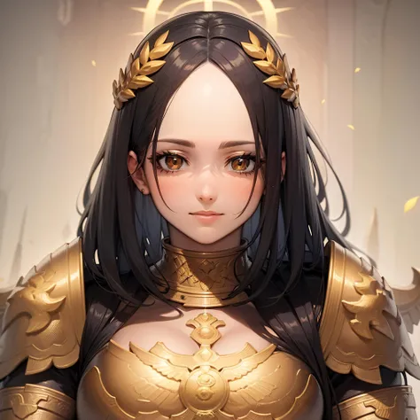 ((masterpiece, best quality)),solo, 1girl, portrait, god empress, long hair, black hair, brown eyes, gold armor, laurel crown, breastplate, armor gorget, giant pauldrons ,halo, parted bangs, forehead, <lora:Female_God_Emperor2:0.6>