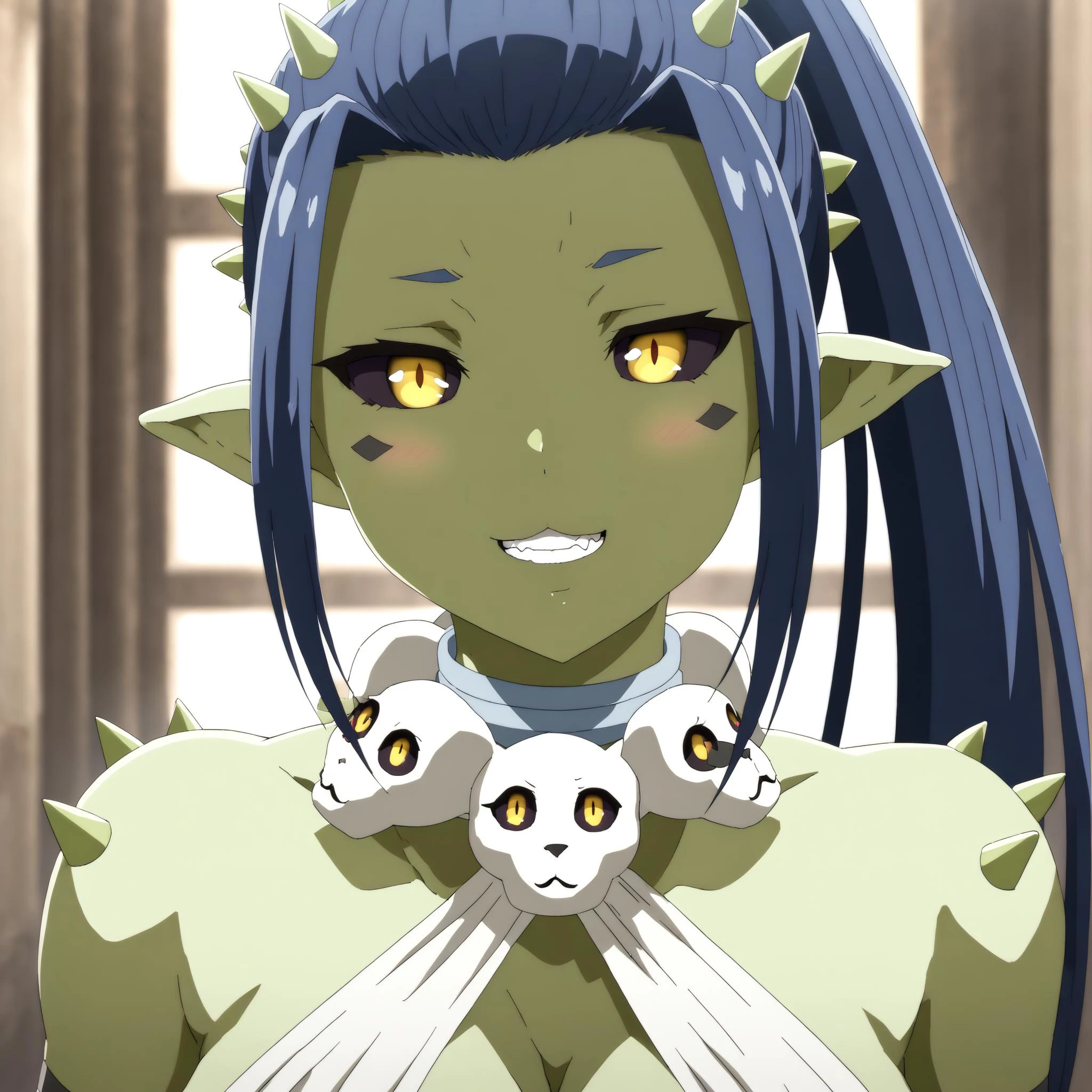 Gobuko,1girl,solo,
long hair,large breasts,blue hair,yellow eyes,ponytail, horns,teeth,pointy ears,necklace,colored skin, spikes,colored sclera,(black sclera:1.2),green skin,
masterpiece, best quality, hdr,cat face, face close, :3, <lora:GobukoPonyXL:1>