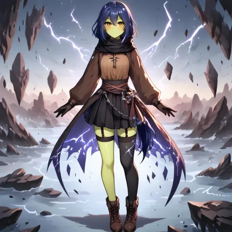 score_9, score_8_up, score_7_up,ShatteredCloth,1girl,gobuko,solo,looking at viewer,blush,smile,bangs,yellow eyes,skirt,shirt,thighhighs,gloves,long sleeves,hair between eyes,closed mouth,standing,full body,pleated skirt,boots,black gloves,puffy sleeves,black thighhighs,black skirt,scarf,black footwear,garter straps,brown footwear,single thighhigh,cross-laced footwear,puffy long sleeves,rock,electricity,brown shirt,black scarf,blue hair,pony tail,green skin,<lora:ShatteredClothPony:0.6>, <lora:Gobuko:0.6>