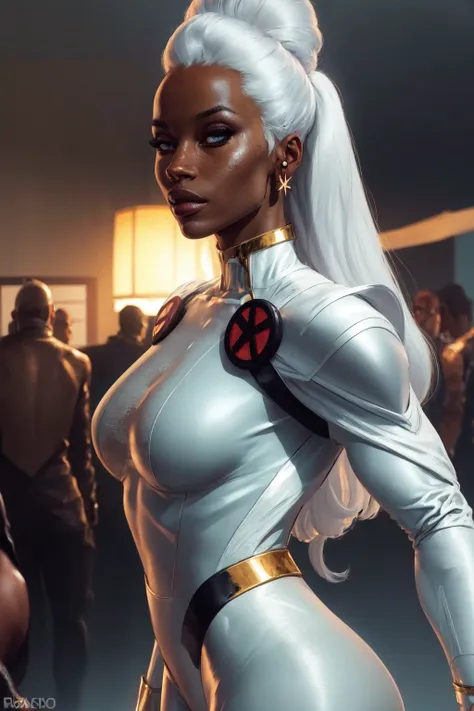 <lyco:Storm-10:1.0> Ororo Munroe, Storm,(masterpiece, best quality, ultra-detailed, highres, best illustration),perfect face, ((solo, solo focus)),sidelighting, lustrous skin,(bloom), (shine), ray tracing,solo,1girl, solo, jewelry, earrings, dark skin, dark-skinned female, long hair, white hair, upper body, from side, lips, white hair, signature, bodysuit, breasts, profile ,depth_of_field,very detailed background,extreme light and shadow,(detailed eyes), (beautiful) beautiful detailed eyes, perfect lighting , perfect anatomy,(extremely detailed illustrated 8k wallpaper),(masterpiece), (best quality), (ultra-detailed), (best illustration),(best shadow),perfect lighting , full body, perfect anatomy , vivid colors,