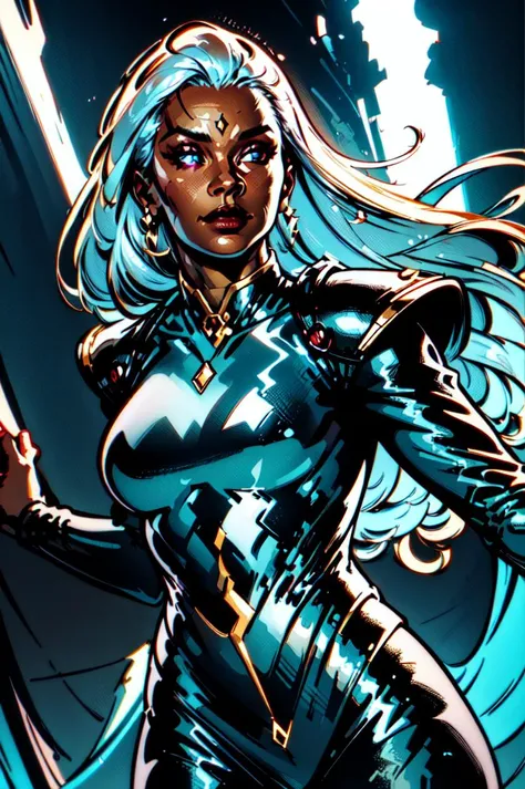 <lyco:Storm-10:0.8> Ororo Munroe, Storm,(masterpiece, best quality, ultra-detailed, highres, best illustration),perfect face, ((solo, solo focus)),sidelighting, lustrous skin,(bloom), (shine), ray tracing,solo,1girl, solo, jewelry, earrings, cape, bodysuit, white hair, long hair, dark-skinned female, dark skin, x \(symbol\), superhero ,depth_of_field,very detailed background,extreme light and shadow,(detailed eyes), (beautiful) beautiful detailed eyes, perfect lighting , perfect anatomy,(extremely detailed illustrated 8k wallpaper),(masterpiece), (best quality), (ultra-detailed), (best illustration),(best shadow),perfect lighting , full body, perfect anatomy , vivid colors,