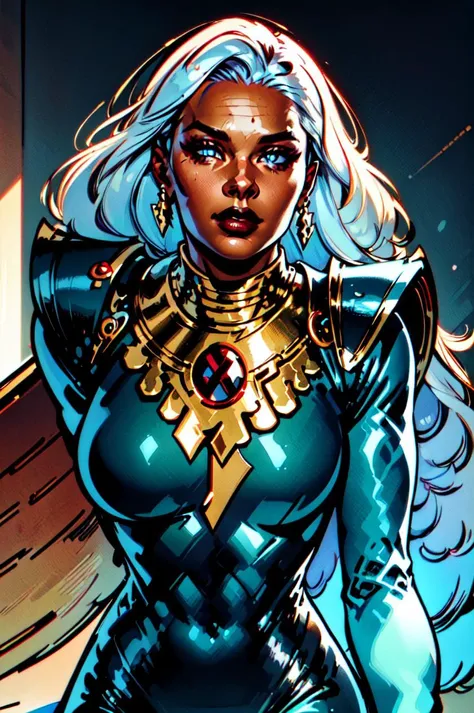 <lyco:Storm-10:0.8> Ororo Munroe, Storm,(masterpiece, best quality, ultra-detailed, highres, best illustration),perfect face, ((solo, solo focus)),sidelighting, lustrous skin,(bloom), (shine), ray tracing,solo,1girl, solo, jewelry, earrings, cape, bodysuit, white hair, long hair, dark-skinned female, dark skin, x \(symbol\), superhero ,depth_of_field,very detailed background,extreme light and shadow,(detailed eyes), (beautiful) beautiful detailed eyes, perfect lighting , perfect anatomy,(extremely detailed illustrated 8k wallpaper),(masterpiece), (best quality), (ultra-detailed), (best illustration),(best shadow),perfect lighting , full body, perfect anatomy , vivid colors,