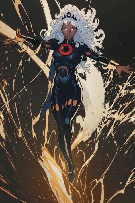 <lyco:Storm-10:1.0> Ororo Munroe, Storm,(masterpiece, best quality, ultra-detailed, highres, best illustration),perfect face, ((solo, solo focus)),sidelighting, lustrous skin,(bloom), (shine), ray tracing,solo, superhero, no pupils, white hair, glowing, dark skin, white eyes, glowing eyes, thighhighs, dark-skinned female, cape, lightning, jewelry, long hair, tiara, breasts, bare shoulders, lips, outstretched arms, thigh boots, sideboob, multiple girls, black cape, bracer, floating hair, animification, dress, halterneck, 1girl, looking at viewer,  boots, bodysuit ,depth_of_field,very detailed background,extreme light and shadow,(detailed eyes), (beautiful) beautiful detailed eyes, perfect lighting , perfect anatomy,(extremely detailed illustrated 8k wallpaper),(masterpiece), (best quality), (ultra-detailed), (best illustration),(best shadow),perfect lighting , full body, perfect anatomy , vivid colors, full body, electrical storm, flying,