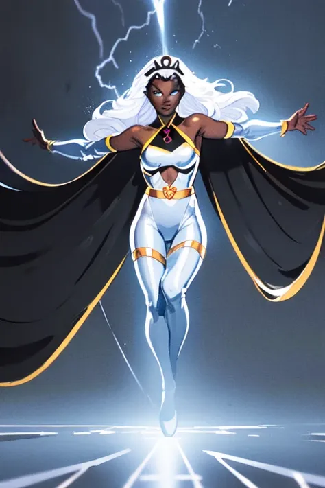 <lyco:Storm-10:1.0> Ororo Munroe, Storm,(masterpiece, best quality, ultra-detailed, highres, best illustration),perfect face, ((solo, solo focus)),sidelighting, lustrous skin,(bloom), (shine), ray tracing,solo, superhero, no pupils, white hair, glowing, dark skin, white eyes, glowing eyes, thighhighs, dark-skinned female, cape, lightning, jewelry, long hair, tiara, breasts, bare shoulders, lips, outstretched arms, thigh boots, sideboob, multiple girls, black cape, bracer, floating hair, animification, dress, halterneck, 1girl, looking at viewer,  boots, bodysuit ,depth_of_field,very detailed background,extreme light and shadow,(detailed eyes), (beautiful) beautiful detailed eyes, perfect lighting , perfect anatomy,(extremely detailed illustrated 8k wallpaper),(masterpiece), (best quality), (ultra-detailed), (best illustration),(best shadow),perfect lighting , full body, perfect anatomy , vivid colors, full body, electrical storm, flying,