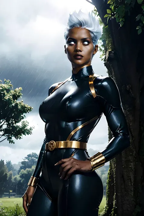 halle berry, storm, white hair, white pixie cut hair, dark skin, white eyes, jewelry, floating hair, black bodysuit,
looking at viewer, serious, simple background, hands on hips,
outside, park, trees, overcast, cloudy, raining,
jazzy ambiance, extremely detailed, HDR,<lora:Storm-10:.8> <lora:whiteeyes_27:.8>