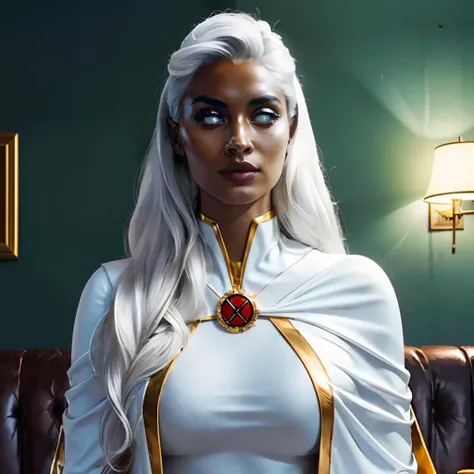 Ororo Munroe, (white long hair), dark skin, white eyes, jewelry, white cape, floating hair, white bodysuit with yellow trim, 
close up, looking at viewer, serious, happy,
indoors, living room, fancy background,
pleasant ambiance, extremely detailed, HDR,<lora:Storm-10:.8><lora:whiteeyes_27:.8>