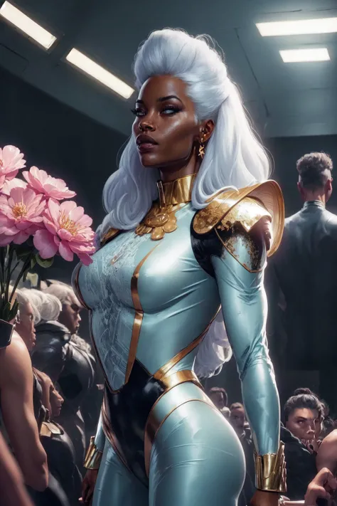 <lyco:Storm-10:1.0> Ororo Munroe, Storm,(masterpiece, best quality, ultra-detailed, highres, best illustration),perfect face, ((solo, solo focus)),sidelighting, lustrous skin,(bloom), (shine), ray tracing,solo,1girl, solo, jewelry, earrings, dark skin, dark-skinned female, long hair, white hair, upper body, from side, lips, white hair, signature, bodysuit, pauldrons, breasts, profile ,depth_of_field,very detailed background,extreme light and shadow,(detailed eyes), (beautiful) beautiful detailed eyes, perfect lighting , perfect anatomy,(extremely detailed illustrated 8k wallpaper),(masterpiece), (best quality), (ultra-detailed), (best illustration),(best shadow),perfect lighting , full body, perfect anatomy , vivid colors,