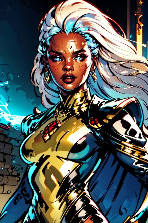 <lyco:Storm-10:0.8> Ororo Munroe, Storm,(masterpiece, best quality, ultra-detailed, highres, best illustration),perfect face, ((solo, solo focus)),sidelighting, lustrous skin,(bloom), (shine), ray tracing,solo,1girl, solo, jewelry, earrings, cape, bodysuit, white hair, long hair, dark-skinned female, dark skin, x \(symbol\), superhero ,depth_of_field,very detailed background,extreme light and shadow,(detailed eyes), (beautiful) beautiful detailed eyes, perfect lighting , perfect anatomy,(extremely detailed illustrated 8k wallpaper),(masterpiece), (best quality), (ultra-detailed), (best illustration),(best shadow),perfect lighting , full body, perfect anatomy , vivid colors,