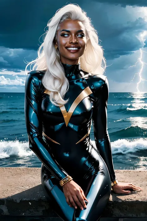 Ororo Munroe, (white long hair), dark skin, white eyes, jewelry, black bodysuit
looking at viewer, smiling, laughing, sitting, hands on legs, playful pose,
outside, lightning strikes, raining, ocean, overcast,
wonderous ambiance, extremely detailed, HDR,<lora:Storm-10:.8> <lora:whiteeyes_27:.8>