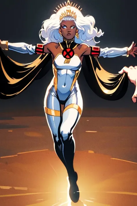 <lyco:Storm-10:1.0> Ororo Munroe, Storm,(masterpiece, best quality, ultra-detailed, highres, best illustration),perfect face, ((solo, solo focus)),sidelighting, lustrous skin,(bloom), (shine), ray tracing,solo, superhero, no pupils, white hair, glowing, dark skin, white eyes, glowing eyes, thighhighs, dark-skinned female, cape, lightning, jewelry, long hair, tiara, breasts, bare shoulders, lips, outstretched arms, thigh boots, sideboob, multiple girls, black cape, bracer, floating hair, animification, dress, halterneck, 1girl, looking at viewer,  boots, bodysuit ,depth_of_field,very detailed background,extreme light and shadow,(detailed eyes), (beautiful) beautiful detailed eyes, perfect lighting , perfect anatomy,(extremely detailed illustrated 8k wallpaper),(masterpiece), (best quality), (ultra-detailed), (best illustration),(best shadow),perfect lighting , full body, perfect anatomy , vivid colors, full body, electrical storm, flying,