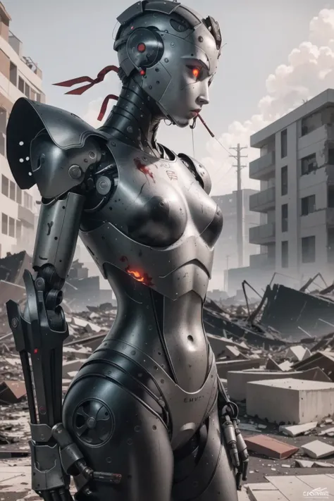 best quality, intricate details, (hyper-realistic digital illustration),(masterpiece:1.1),
blood, destroyed scenery, debris, rubble, fire in background, smoke, severed limbs, scary atmosphere, <lora:robotGirlLora_v10:0.8> humanoid robot, robot, robot joints, joints, helmet, armor, robot girl,