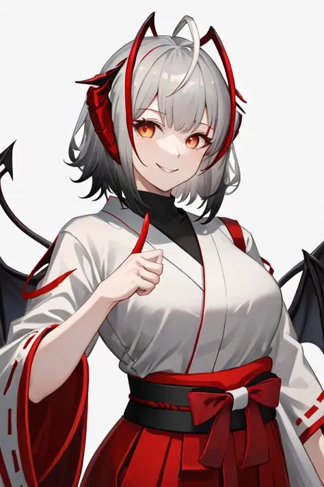 best quality, masterpiece, highres, solo, {white kimono:1.35}, {red hakama:1.35}, {wide sleeves:1.20}, {w_arknights:1.15}, horns, bangs, short_hair, grey_hair, breasts, smile, demon_horns, upper_body, red_eyes, multicolored_hair, ahoge, white_hair, red_hair, medium_breasts