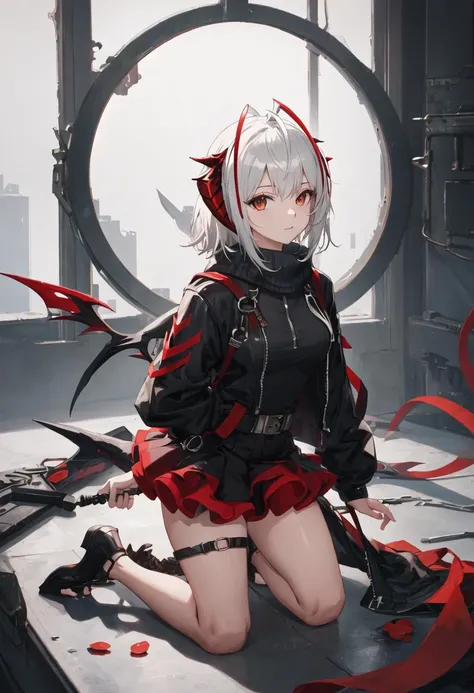 {safe:1.10}, best quality, masterpiece, highres, solo, {w_arknights:0.90}, kneeling, kneeling on one knee, on one knee, cowboy_shot, looking at viewer