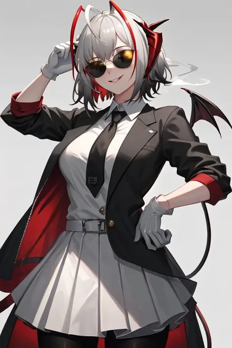best quality, masterpiece, highres, solo, {black business suit:1.40}, {tie:1.20}, {sunglasses:1.25}, {white gloves:1.15}, {white shirt:1.10}, {black skirt:1.15}, {smoking:1.20}, handsome, {w_arknights:1.15}, horns, bangs, short_hair, grey_hair, breasts, smile, demon_horns, upper_body, red_eyes, multicolored_hair, ahoge, white_hair, red_hair, medium_breasts