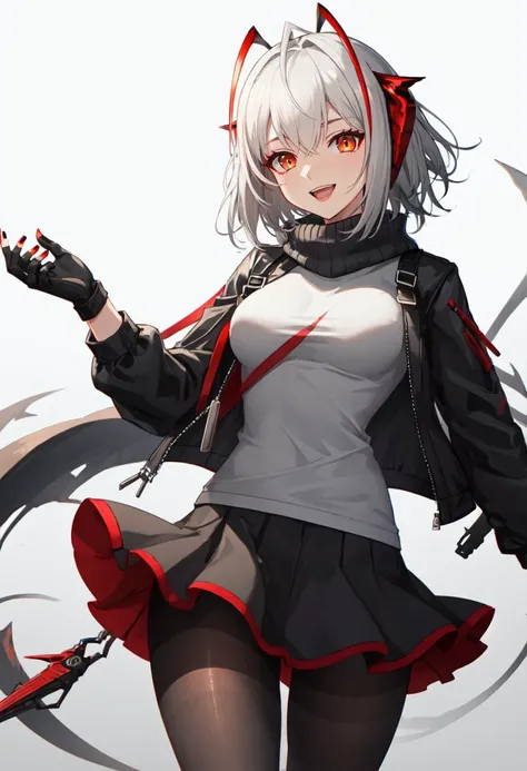 best quality, masterpiece, highres, solo, (w_arknights:1.10), 1girl, black gloves, black jacket, black pantyhose, black scarf, black skirt, fingerless gloves, grey shirt, looking at viewer, miniskirt, open jacket, white hair, long sleeves, cowboy shot, holding, nail polish, open mouth, red nails, smile, grey background, remote control, white shirt, 0 <lora:w_arknights:0.80>