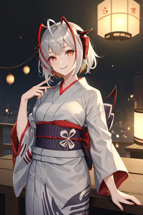 best quality, masterpiece, highres, solo, {yukata:1.40}, {kimono:1.20}, {w_arknights:1.15}, horns, bangs, short_hair, grey_hair, breasts, smile, demon_horns, upper_body, red_eyes, multicolored_hair, ahoge, white_hair, red_hair, medium_breasts