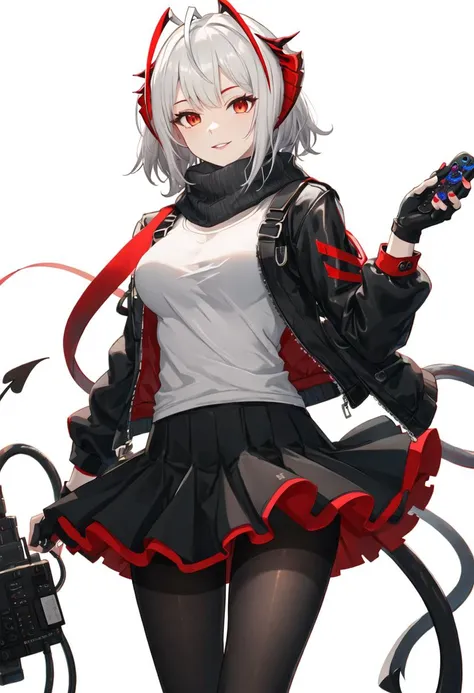 Poker face,windbreaker,skirt,scarf, Gloves, leg straps, armband, hairpin，Gloves ,white hair，Has gray eyeultiple halos，dagger