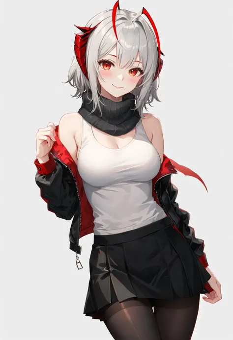 best quality, masterpiece, highres, solo, (w_arknights:1.10), 1girl, black gloves, black jacket, black scarf, black skirt, fingerless gloves, grey shirt, looking at viewer, open jacket, red nails, :d, black pantyhose, cowboy shot, large breasts, miniskirt, nail polish, open mouth, holding remote control, 1 <lora:w_arknights:0.80>