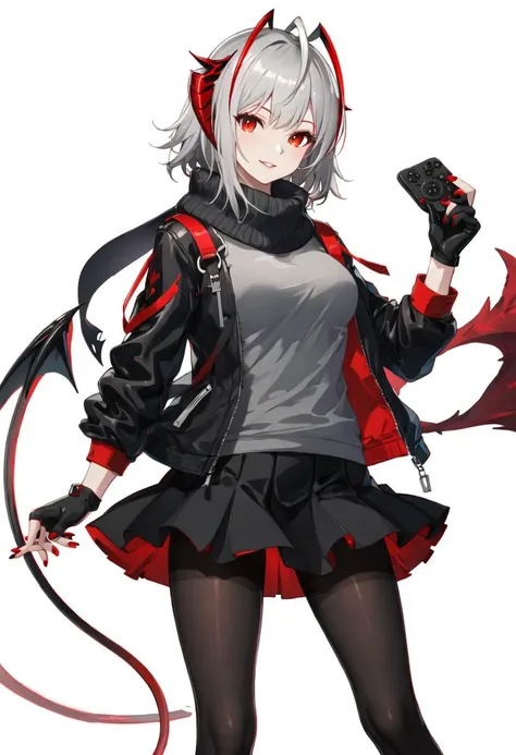 best quality, masterpiece, highres, solo, {w_arknights:0.90}, 1girl, black_gloves, black_jacket, black_pantyhose, black_skirt, fingerless_gloves, gloves, grey_shirt, jacket, looking_at_viewer, miniskirt, open_clothes, open_jacket, pantyhose, scarf, shirt, skirt, black_scarf, holding, cowboy_shot, remote_control, smile, controller, red_nails, long_sleeves, nail_polish, standing, parted_lips, simple_background, demon_tail, white_background