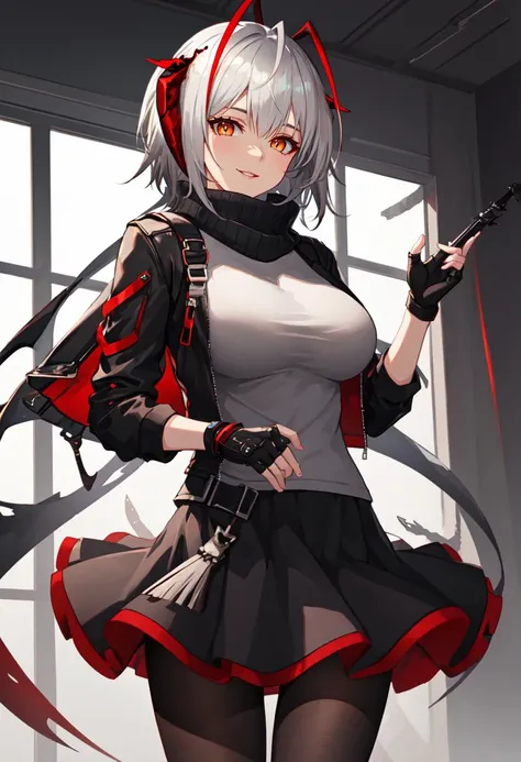 best quality, masterpiece, highres, solo, (w_arknights:1.10), 1girl, black gloves, black jacket, black scarf, black skirt, cowboy shot, fingerless gloves, grey shirt, long sleeves, looking at viewer, miniskirt, open jacket, smile, yellow eyes, parted lips, black pantyhose, large breasts, 4 <lora:w_arknights:0.80>