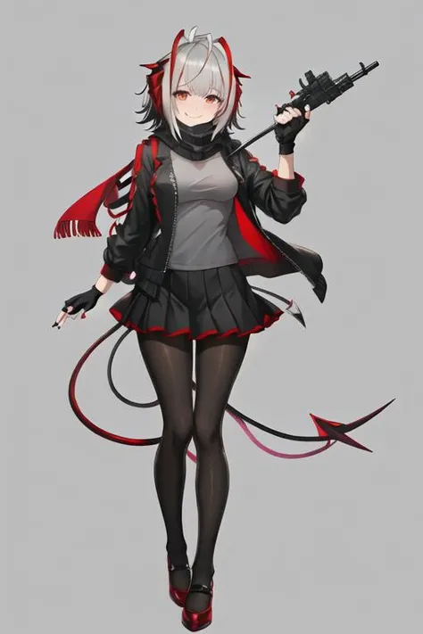 best quality, masterpiece, highres, solo, {w_arknights:1.15}, horns, bangs, short_hair, grey_hair, breasts, smile, demon_horns, upper_body, red_eyes, multicolored_hair, ahoge, white_hair, red_hair, medium_breasts, 1girl, black_footwear, black_gloves, black_jacket, black_pantyhose, black_scarf, black_skirt, fingerless_gloves, gloves, grey_shirt, jacket, looking_at_viewer, miniskirt, open_clothes, open_jacket, pantyhose, scarf, shirt, shoes, skirt, demon_girl, demon_tail, full_body, holding, red_nails, tail, nail_polish, weapon, bandages, gun
