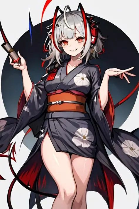 best quality, masterpiece, highres, 1girl, solo, {yukata:1.40}, {kimono:1.20}, {w_arknights:1.15}, horns, bangs, short_hair, grey_hair, breasts, smile, demon_horns, red_eyes, multicolored_hair, ahoge, white_hair, red_hair, medium_breasts