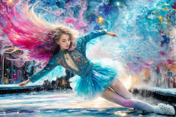 watercolor painting,painting splash art,acid trip,8k,stunning intricate details,a 18 year old girl,ice skating,spinning,happy,
