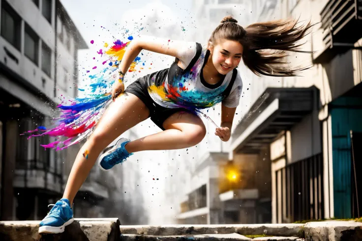 painting splash art,a 18 year old girl,Parkour,happy,