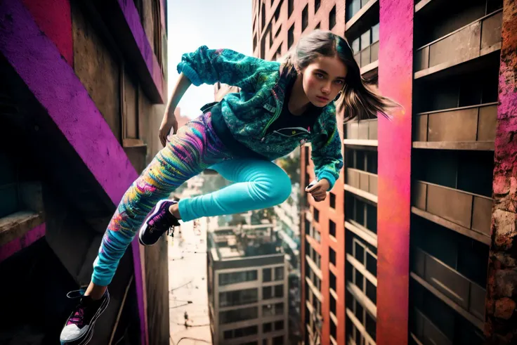 psychedelic art, octane,a 18 year old girl,Parkour,happy,