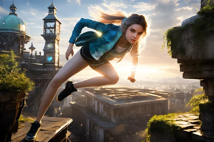 ethereal fantasy concept art of bright light,a 18 year old girl,Parkour,happy,