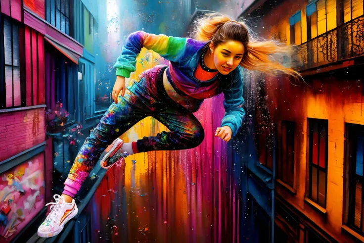 iconography oil painting,acid trip,brilliant colors,a 18 year old girl,Parkour,happy,