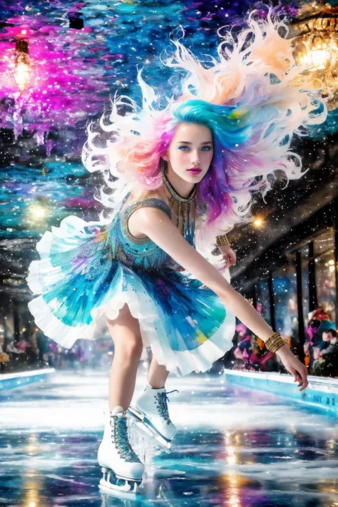 watercolor painting,painting splash art,acid trip,8k,stunning intricate details,a 18 year old girl,ice skating,spinning,happy,