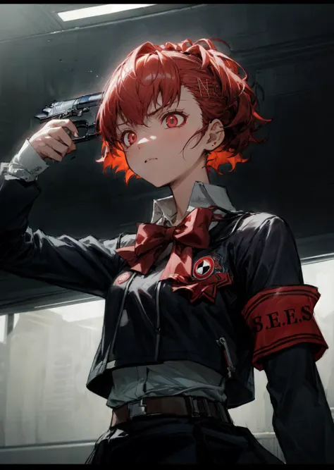masterpiece:1.2, best quality, kotone, armband, school uniform, bow, skirt, digital media player, headphone, class room, dark, horror, night, standing, upper body, front view, extreme close up, serious expression, <lora:Kotone:0.8>, <lora:more_details:0.6>, <lora:reelhorror2:0.4>, <lora:Gun2Head11:1.0>, g2h, gun to head, handgun, holding gun, cowboy shot, <lyco:BetterGuns-V1:1.0>